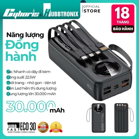 Sạc dự phòng 30000mAh tích hợp 4 cáp sạc nhanh 22.5W màn hình LED hiển thị pin cho điện thoại máy tính bảng HubbFast ECO 30