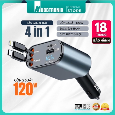HubbSmart TS03-Tẩu Sạc Ôtô Cao Cấp Đa Năng 4 trong 1- Có dây rút – Sạc Nhanh 120W  Cho Điện Thoại, Laptop,các thiết bị di dộng
