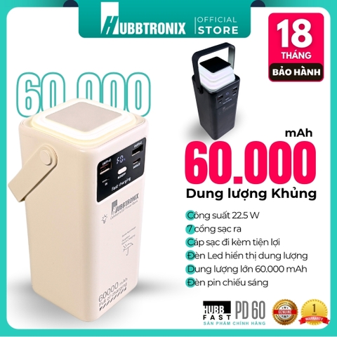 Trạm sạc dự phòng siêu nhanh, siêu mạnh 60.000mAh HubbFast - PD60. Gọn gàng, tích hợp sạc nhanh, đèn chiếu sáng tiện lợi