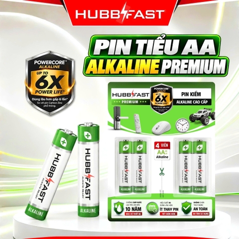 Pin Kiềm AA HubbFast Premium – Pin Alkaline Cao Cấp 6X Power Life, Dùng Cho Mọi Thiết Bị Gia Đình (Vỉ 4 Viên · 1.5V)