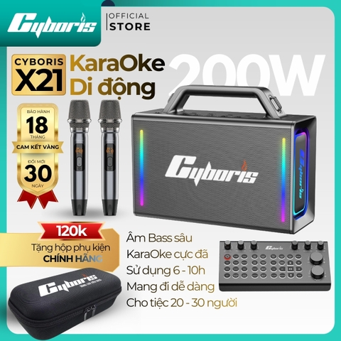 Loa Bluetooth Karaoke Cyboris X21, Công suất 200W, Loa siêu Bass, Chống nước IPX6, Pin 20000mAh.