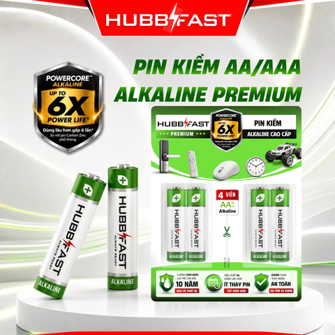 Pin Kiềm AA/AAA HubbFast Premium – Pin Alkaline Cao Cấp 6X Power Life, Dùng Cho Mọi Thiết Bị Gia Đình (Vỉ 4 Viên · 1.5V)