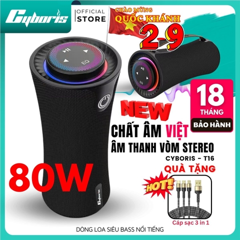 Loa Bluetooth CYBORIS T16 Âm Thanh Vòm 80W, Bass Mạnh, Đèn RGB, Chống Nước IPX5, Hỗ Trợ TWS, USB, TF, AUX