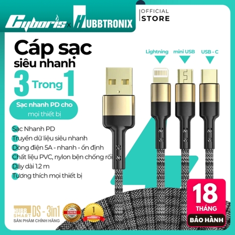 Cáp sạc nhanh 3 trong 1 HUBBTRONIX DS-3in1 – USB-A to Lightning, Micro USB, USB-C, sạc PD 5A siêu tốc, dài 1.2m