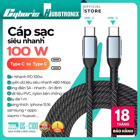 Cáp sạc nhanh HUBBTRONIX DS-Turbo L20 -100W Type-C to Type-C - Hỗ trợ PD, sạc siêu tốc, chống rối