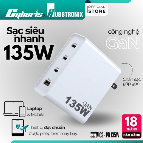 Cốc Sạc Nhanh Công suất - PD135W - GaN HubbFast 4 Cổng 3C1A PD 100W QC3.0 Sạc Laptop, Điện Thoại...