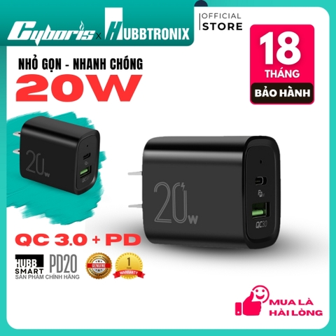 Cốc Sạc Nhanh CS-PD20W HubbSmart, 2 Cổng, PD & QC 3.0, 20W, Sạc Điện Thoại, Chính Hãng BH 18T