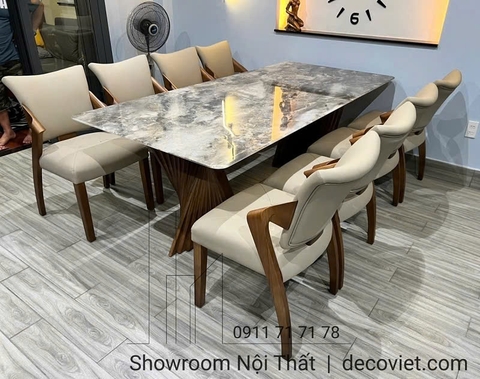 Bộ Bàn Ăn 8 Ghế Chân Gỗ Mặt Đá 2465S