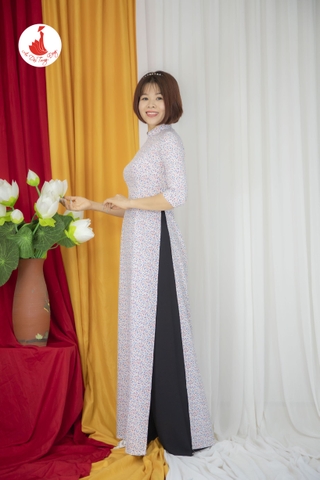 Áo dài hoa nhí cổ 2.5cm vải Mango