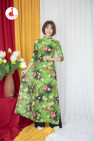Áo dài hoa nhí màu xanh cổ cao vải lụa Hàn Châu