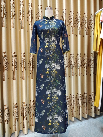 Áo dài hoa nhí 4 tà cổ 2,5cm vải Von Hàn