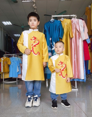 Áo dài bé trai chất vải Tapta thêu rồng/ Áo dài Trung Đồng