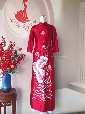 Áo dài chất vải Satin cao cấp thêu hoa sen vi tính và kết cổ/ Áo Dài Trung Đồng