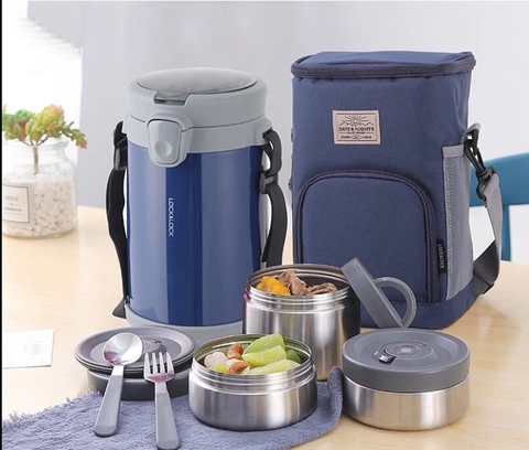 LHC8039 - Bộ hộp cơm giữ nhiệt LOCK&LOCK EASY CARRY 2.0L, 720ml*1, 420ml*2, bộ muỗng và nĩa*1, túi đựng*1