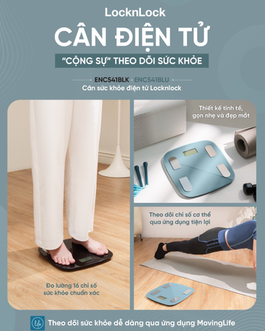 Cân sức khỏe điện tử Locknlock Body fat scale 310x300x21mm, 180kg - ENC541