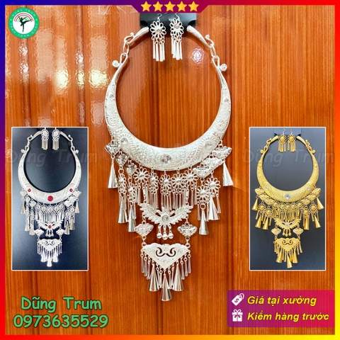 Kiềng hầu đồng tua dài kèm 2 bông tai, vòng cổ dân tộc mặt dây chuyền DT008