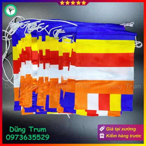 Cờ Dây Phật Giáo loại 16m gồm 50 lá cờ chất liệu vải phi bóng chịu nắng mưa độ bền ngoài trời cao