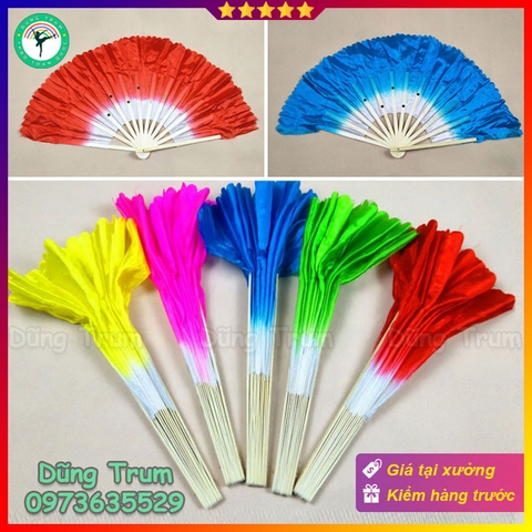 Quạt múa 2 màu trẻ em nan tre vải lụa mềm mại