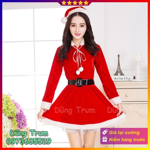 Đầm Noel nữ, váy Noel hóa trang ông già Noel chuẩn chất liệu nhung siêu đẹp DT04