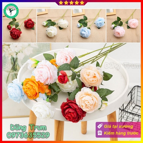 Hoa hồng giả hoa lụa mẫu đơn cành lớn 2 bông 8cm 1 nụ trang trí nội thất văn phòng nhà cửa