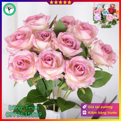 Hoa Hồng Giả Trang Trí Cắm Lọ Hoa Chất Liệu Vải Lụa Thân Lõi Sắt Bọc Nhựa