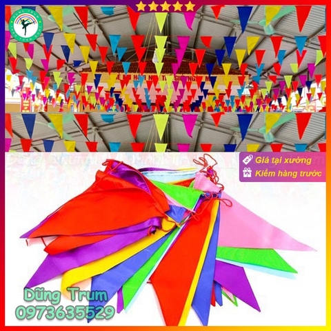 Cờ dây tam giác 10m, cờ đuôi nheo treo trang trí chất liệu vải phi bóng