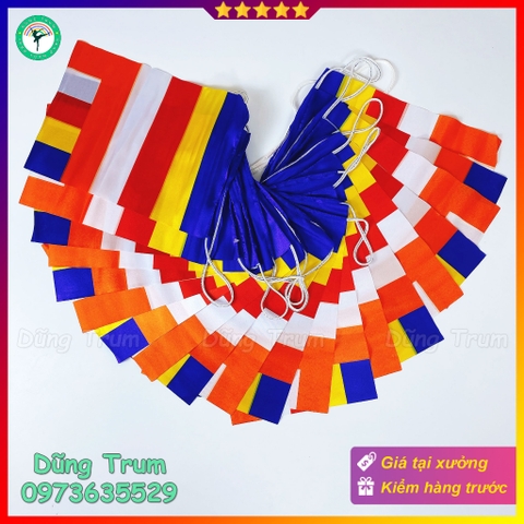 Cờ dây Phật Giáo, cờ Phật Đản vải Satanh chịu nắng mưa loại 8m 20 lá cờ