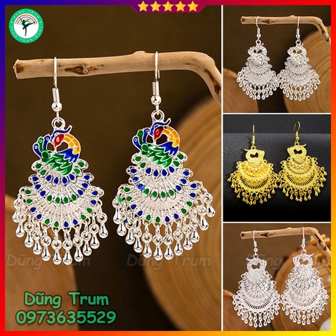 Bông tai dài họa tiết chim công phong cách Bohemian, khuyên tai dài cổ trang C872