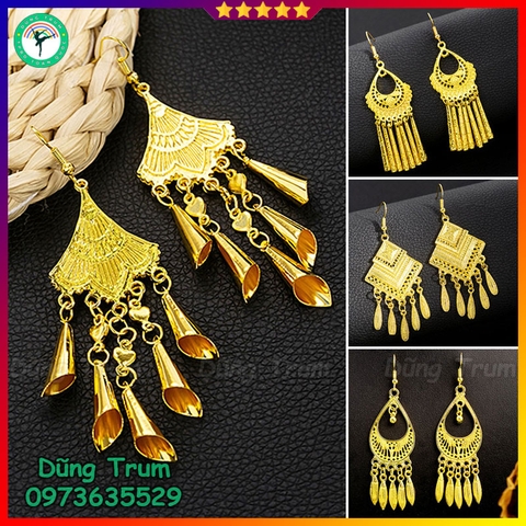 Đôi hoa tai dài tua rua cổ trang hầu đồng, bông tai dân tộc biểu diễn V765