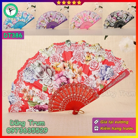 Quạt cổ trang cầm tay họa tiết hoa sặc sỡ nan nhựa bền đẹp DT386