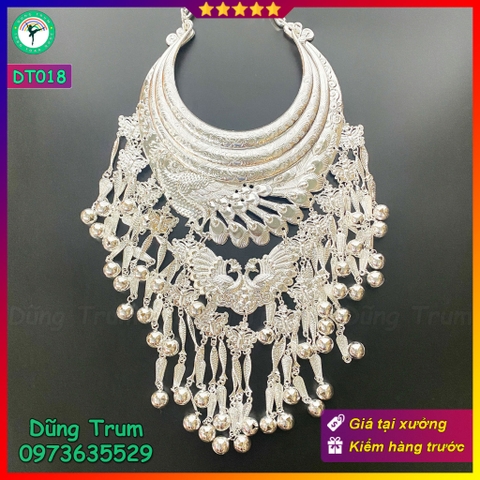 Vòng cổ kiềng dân tộc cao cấp 3 tầng kết hợp họa tiết chim công tua rua cực đẹp DT018