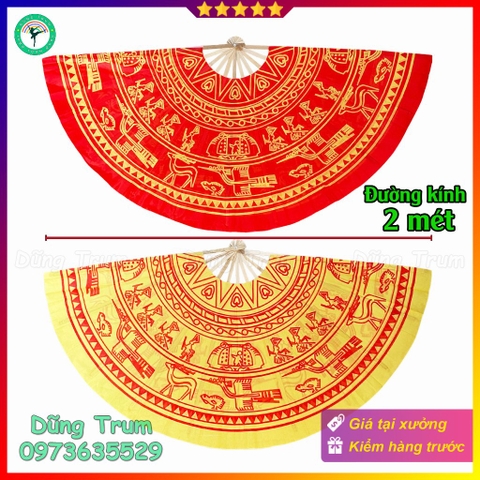 Quạt đại trống đồng họa tiết in màu sắc đỏ vàng, quạt múa trống đồng cỡ lớn