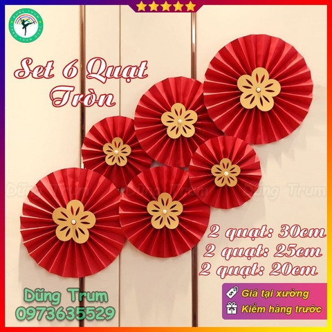 Set 6 Quạt Giấy Đỏ tròn trang trí Tết sẵn keo - Quạt Giấy Xếp Đỏ decor nhà cửa