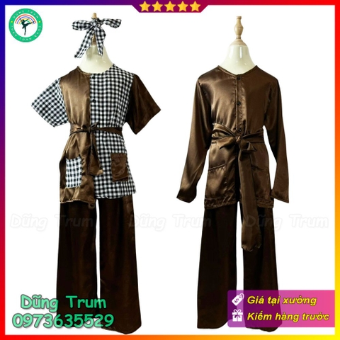 Bộ áo nông dân bà ba nâu kẻ trẻ em, trang phục đồng giao chú Cuội đầy đủ phụ kiện