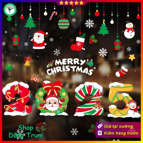 Decal NOEL 2025 trang trí Giáng Sinh 2 mặt hít tĩnh điện dán kính dễ gỡ không keo