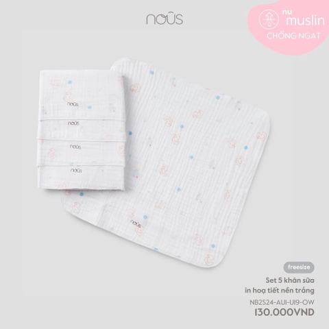 NOUS - Set 5 khăn sữa in hoạ tiết nền trắng