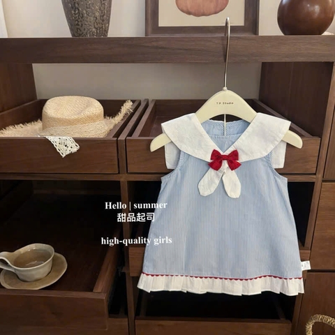 TL - Váy ba lỗ kẻ xanh trắng cổ nơ(80-130)