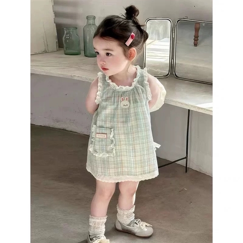 TL - Váy ba lỗ kẻ xanh thêu thỏ viền bèo(80-130)