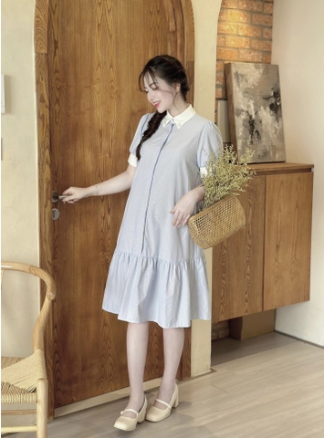 JM - Váy bầu kẻ xanh nhí cổ gắn hoa(M,L)