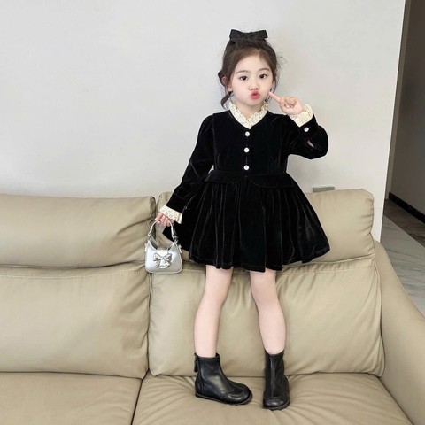 TL - Váy nhung đen cổ ren trắng(90-140)