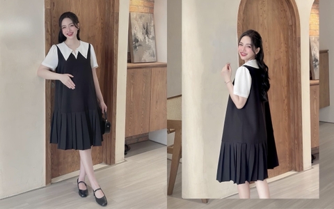 JM - Váy đen cổ nhọn trắng là ly(S-L)