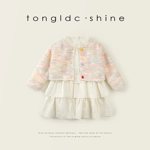 LB - Set váy xoè cổ bèo+áo len cardigan đính thỏ(90-130)