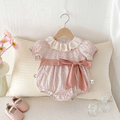 JS - Body caro hoa nhí hồng cổ bèo ren thắt nơ eo(66-80)