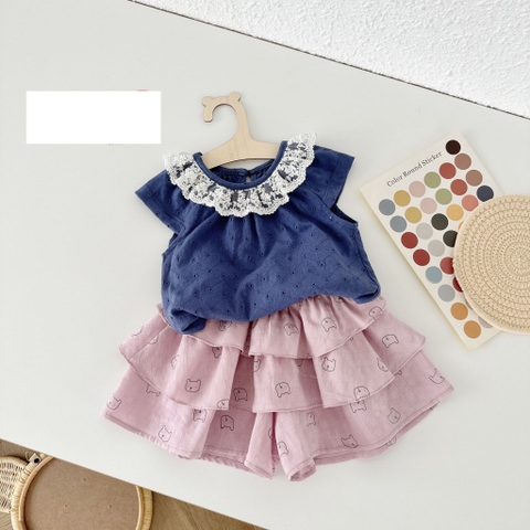 KM - Set áo phối cổ ren mix quần váy xanh gấu(60-120)