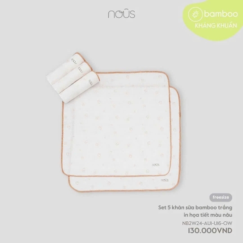 NOUS - Set 5 khăn sữa bamboo trắng in HT màu nâu