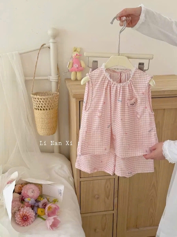 TL - Bộ ba lỗ kẻ hồng hoạ tiết dễ thương (90-130)