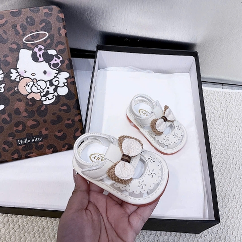 KB - Sandal tập đi viền hoa đính nơ be (15-19)
