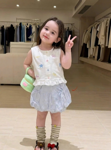TL - Set áo hoạ tiết biển cả mix short bí caro xanh (80-130)