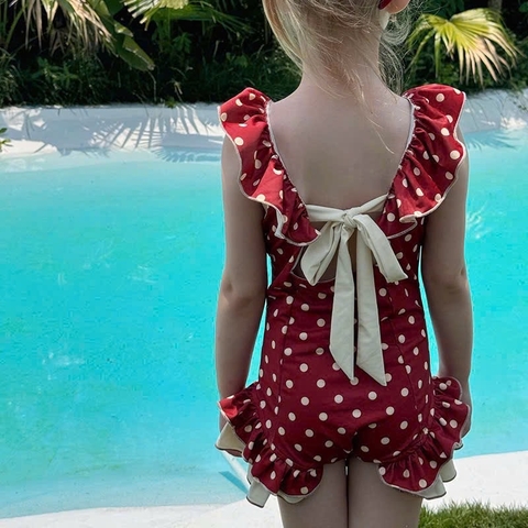 TL - Bộ bơi đỏ chấm bi viền bèo(90-140)