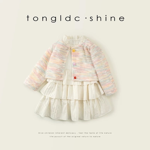 LB - Set váy xoè cổ bèo+áo len cardigan đính thỏ(90-130)